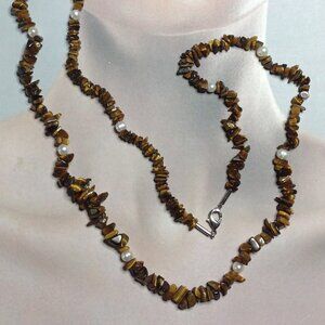Tiger-eye Chip Gemstones with Freshwater Pearl Necklace.